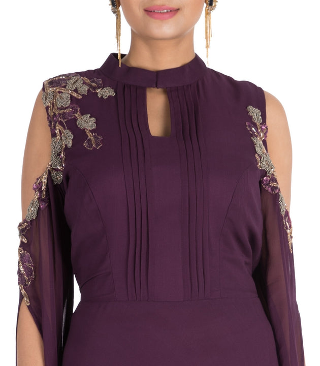 Hand Embroidered Plum colorCold Shoulder Dress With Long Sleeves