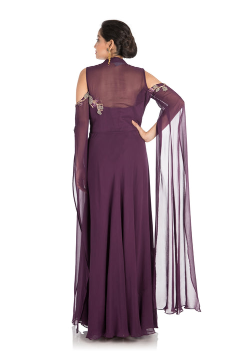 Hand Embroidered Plum colorCold Shoulder Dress With Long Sleeves