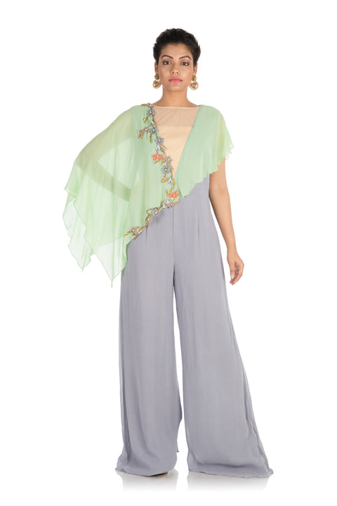 Hand Embroidered Green Grey Jumpsuit