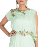 Hand Embroidered Light Green One Sided Cape Dress