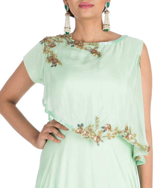 Hand Embroidered Light Green One Sided Cape Dress