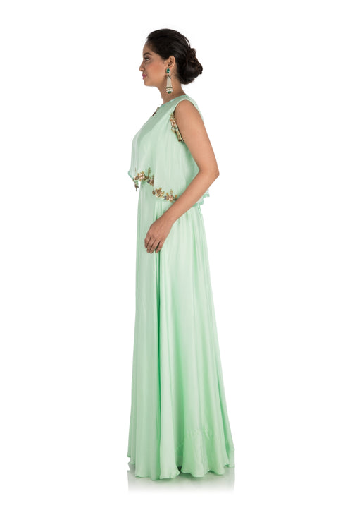 Hand Embroidered Light Green One Sided Cape Dress
