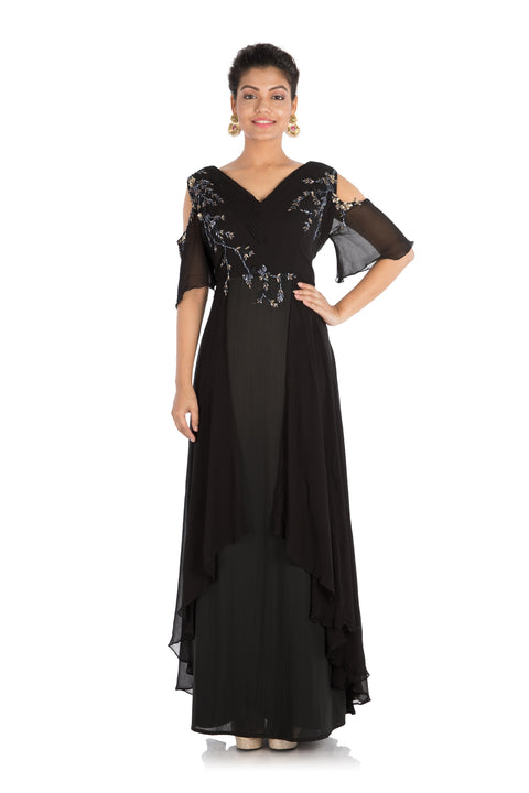 Hand Embroidered Jet Black Cold Shoulder Dress Hand Embroidered Jet Black Cold Shoulder Dress