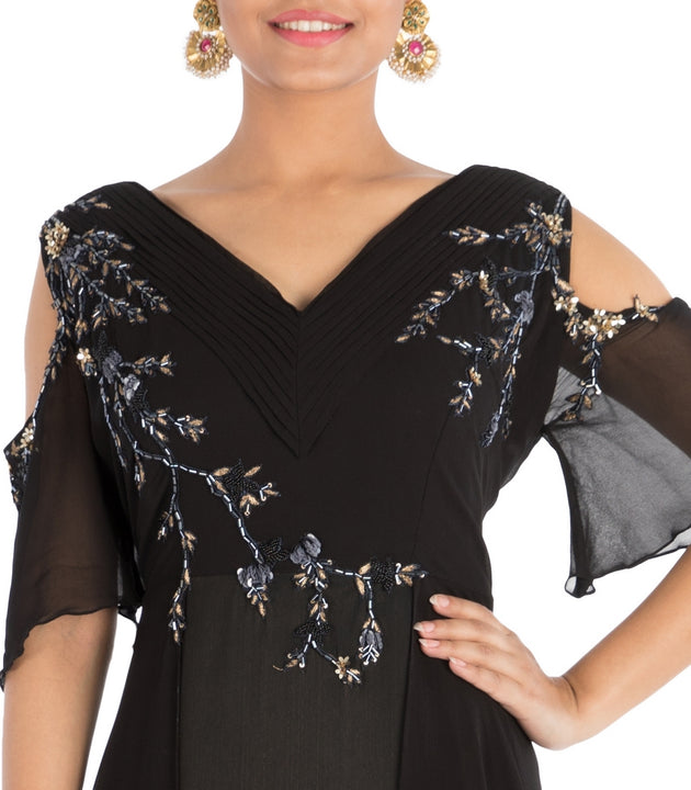 Hand Embroidered Jet Black Cold Shoulder Dress