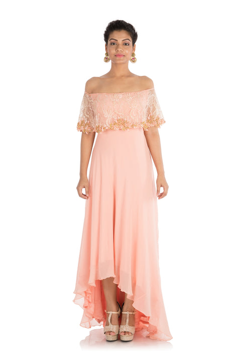 Hand Embroidered Blush Peach Off-Shoulder Dress