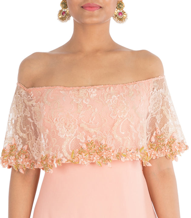 Hand Embroidered Blush Peach Off-Shoulder Dress