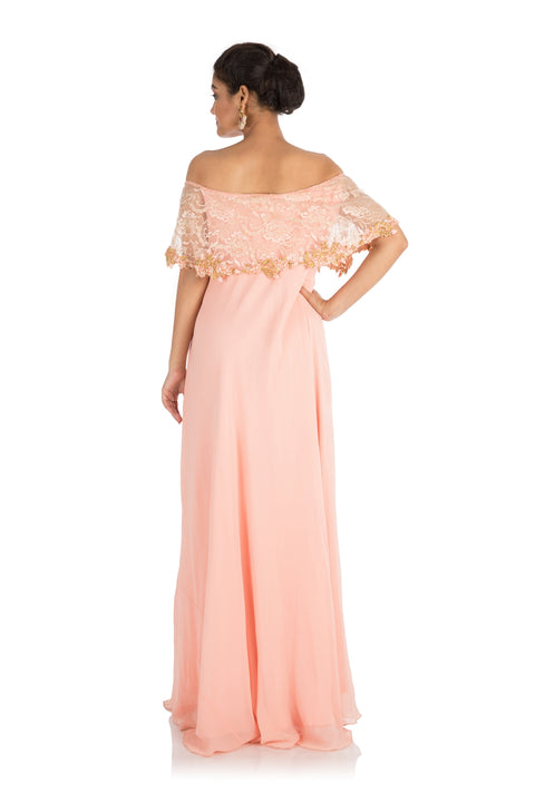 Hand Embroidered Blush Peach Off-Shoulder Dress