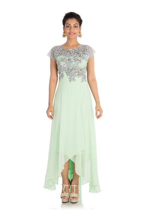 Hand Embroidered Light Green Asymmetrical Dress