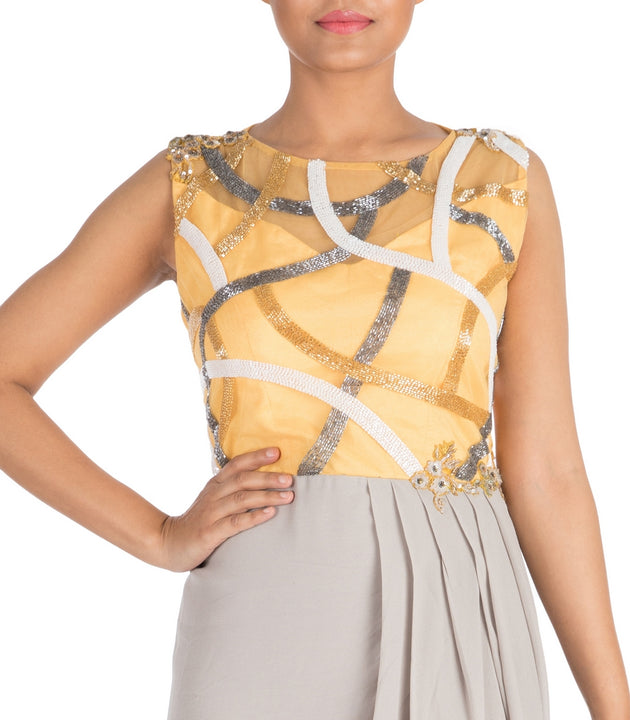 Hand Embroidered Earthy Grey Draped Dress With Mango Yellow Yoke