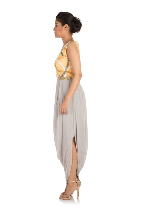 Hand Embroidered Earthy Grey Draped Dress With Mango Yellow Yoke