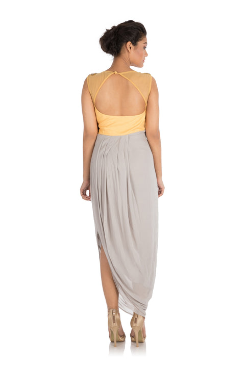 Hand Embroidered Earthy Grey Draped Dress With Mango Yellow Yoke