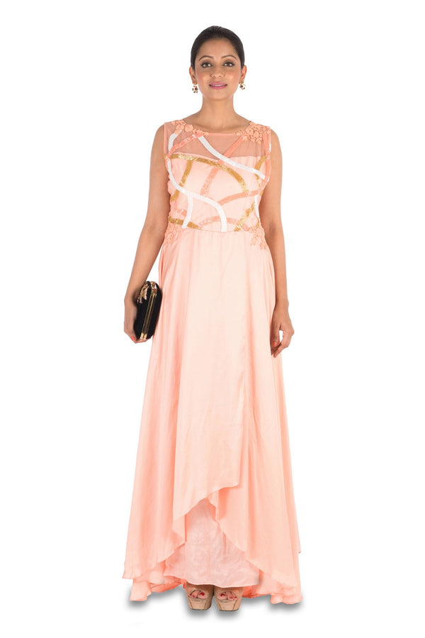 Hand Embroidered Peach Overlap Gown