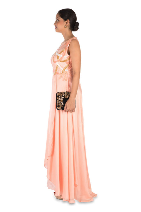 Hand Embroidered Peach Overlap Gown