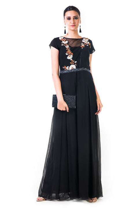 Black Hand Embroidered Box Pleated Jumpsuit