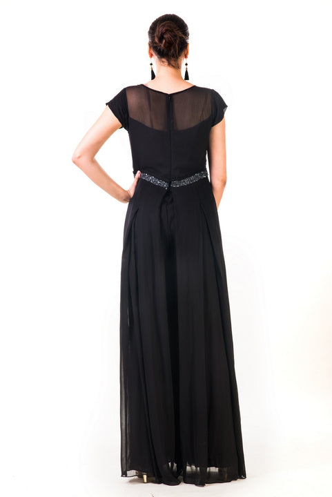 Black Hand Embroidered Box Pleated Jumpsuit