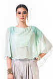 Aqua Green Cape Blouse With Hand Embroidered Silver Cutdana And Moti Work With Grey Palazzo Pants
