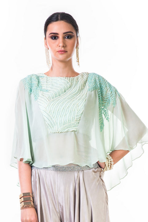 Aqua Green Cape Blouse With Hand Embroidered Silver Cutdana And Moti Work With Grey Palazzo Pants