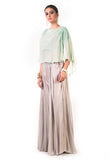 Aqua Green Cape Blouse With Hand Embroidered Silver Cutdana And Moti Work With Grey Palazzo Pants