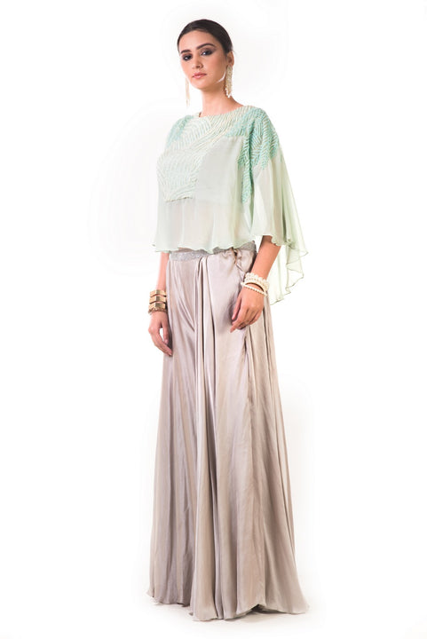 Aqua Green Cape Blouse With Hand Embroidered Silver Cutdana And Moti Work With Grey Palazzo Pants
