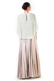 Aqua Green Cape Blouse With Hand Embroidered Silver Cutdana And Moti Work With Grey Palazzo Pants
