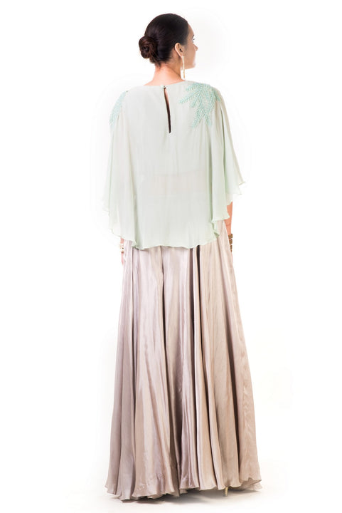 Aqua Green Cape Blouse With Hand Embroidered Silver Cutdana And Moti Work With Grey Palazzo Pants