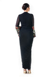 Black Embroidered Bell Sleeves Draped Dress