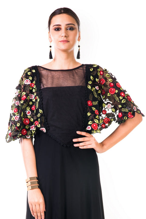 Black Hand Embroidered Cape Style Gown Saris and Things Black Hand Embroidered Cape Style Gown Saris and Things