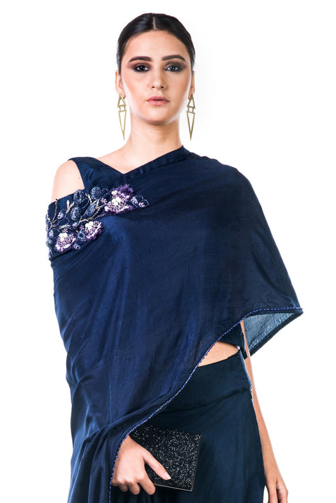 Midnight Blue Draped Gown With A Hand Embroidered Cape Dupatta