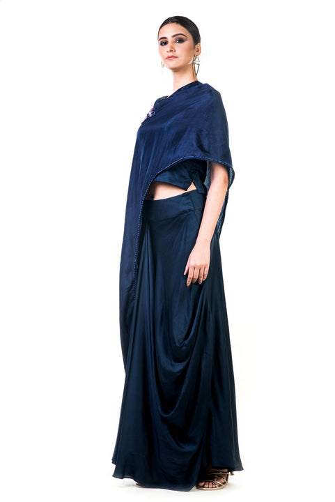 Midnight Blue Draped Gown With A Hand Embroidered Cape Dupatta