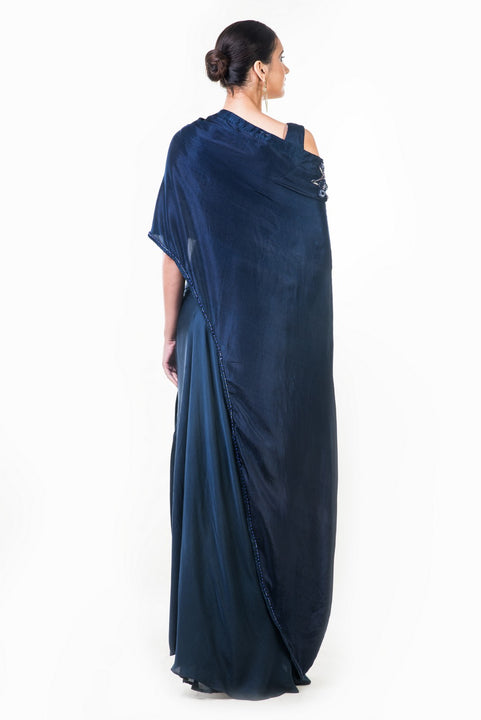 Midnight Blue Draped Gown With A Hand Embroidered Cape Dupatta