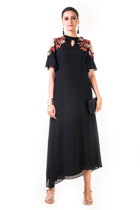 Black Asymmetrical Hand Embroidered Cold Shoulder Dress
