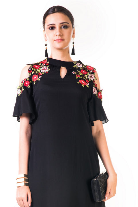 Black Asymmetrical Hand Embroidered Cold Shoulder Dress