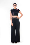 Black Fringe Sleeveless Crop Top With Floral Embroidery & Black Palazzo Pant