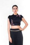 Black Fringe Sleeveless Crop Top With Floral Embroidery & Black Palazzo Pant