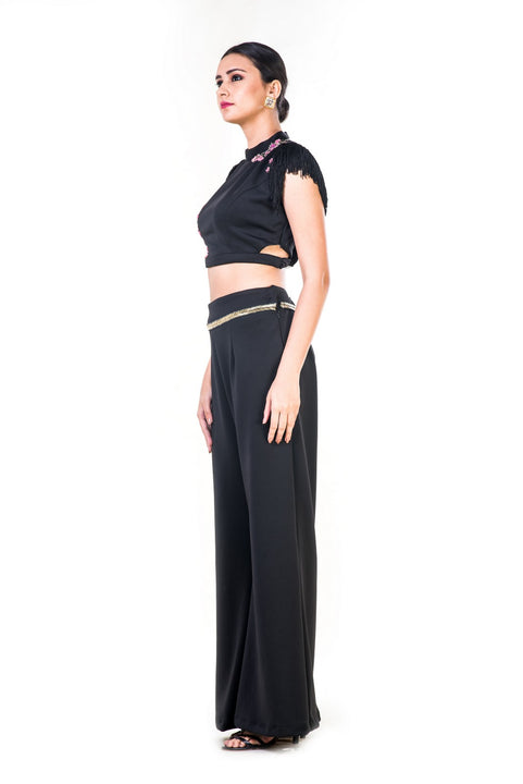 Black Fringe Sleeveless Crop Top With Floral Embroidery & Black Palazzo Pant