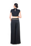 Black Fringe Sleeveless Crop Top With Floral Embroidery & Black Palazzo Pant