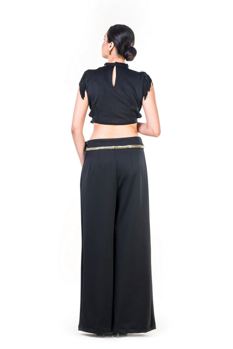 Black Fringe Sleeveless Crop Top With Floral Embroidery & Black Palazzo Pant