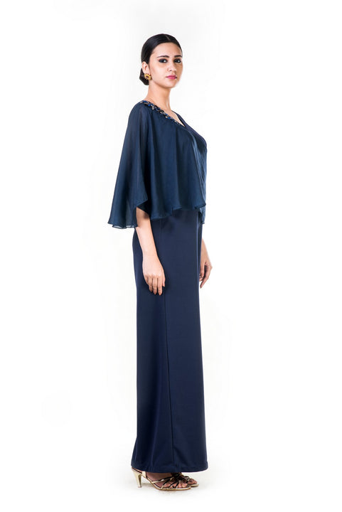 Blue Embroidered Cape Palazzo Jumpsuit