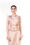Embroidered Light Brown Frill Crop Top & Draped Skirt Set