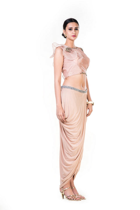 Embroidered Light Brown Frill Crop Top & Draped Skirt Set
