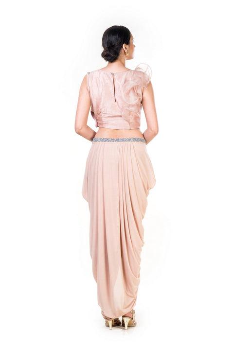 Embroidered Light Brown Frill Crop Top & Draped Skirt Set