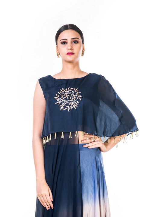 Hand Embroidered Navy Blue & Pink Crop Top With An Attached Long Cape & A Shaded Palazzo