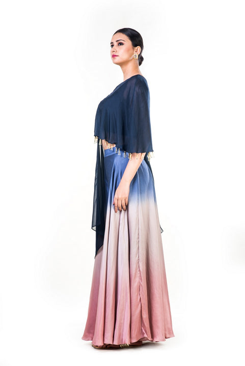 Hand Embroidered Navy Blue & Pink Crop Top With An Attached Long Cape & A Shaded Palazzo