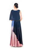 Hand Embroidered Navy Blue & Pink Crop Top With An Attached Long Cape & A Shaded Palazzo