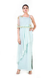 Blush Green Single Shoulder Cape Fringe Work Gown