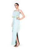 Blush Green Single Shoulder Cape Fringe Work Gown