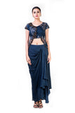 Embroidered Navy Blue Jacket Style Top With A Draped Skirt