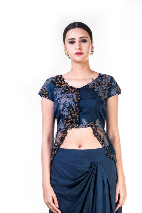 Embroidered Navy Blue Jacket Style Top With A Draped Skirt