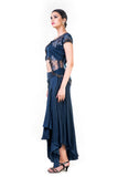 Embroidered Navy Blue Jacket Style Top With A Draped Skirt