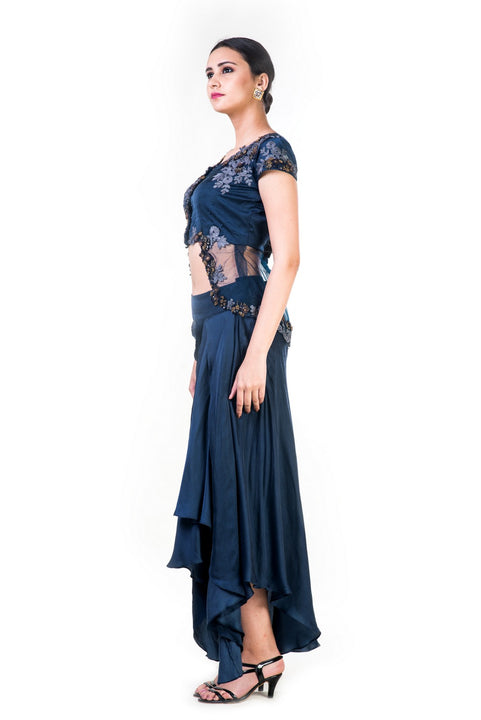 Embroidered Navy Blue Jacket Style Top With A Draped Skirt